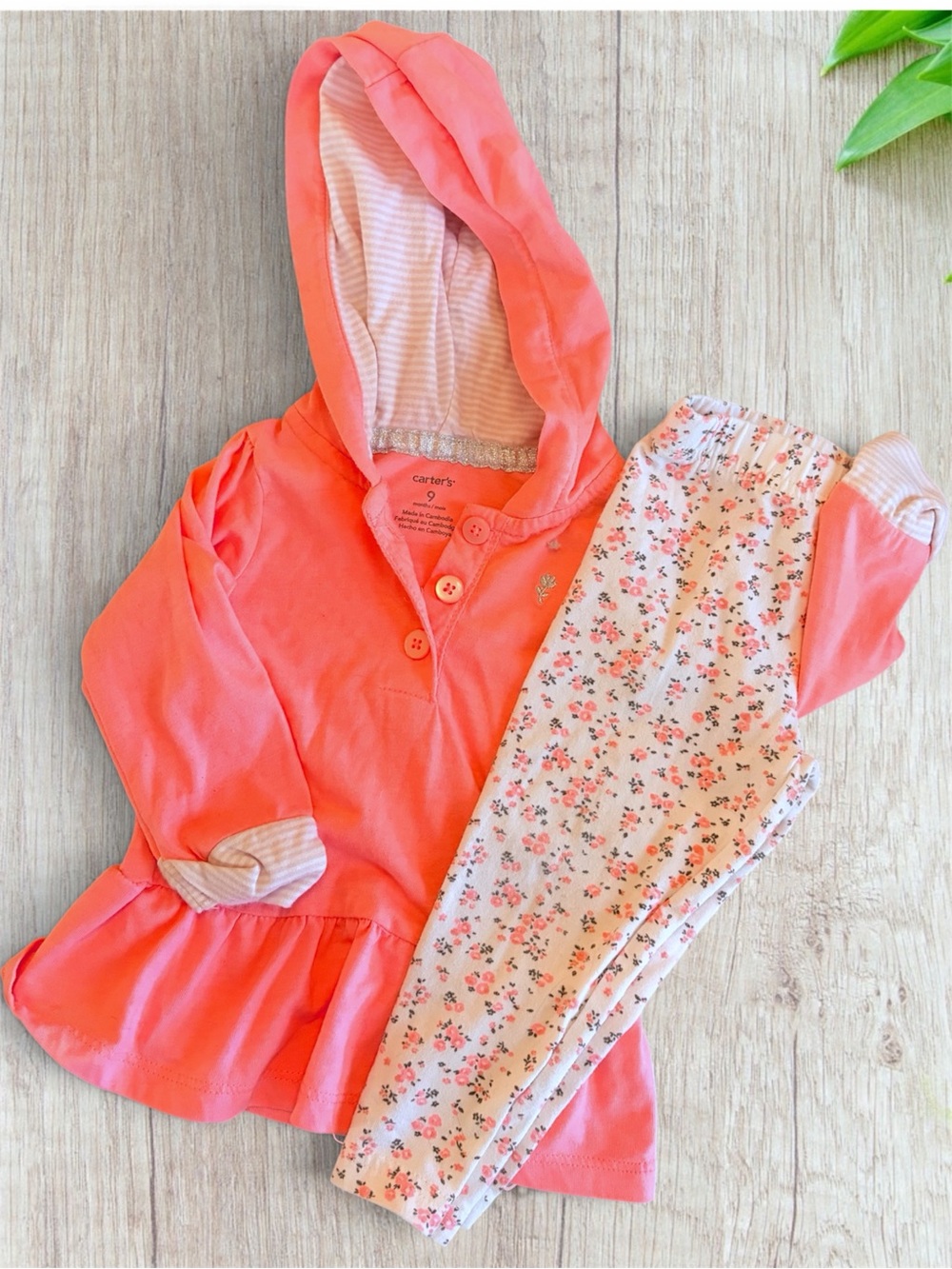 Carter's Baby Girl Coral Hoodie & Floral Leggings Set 9M